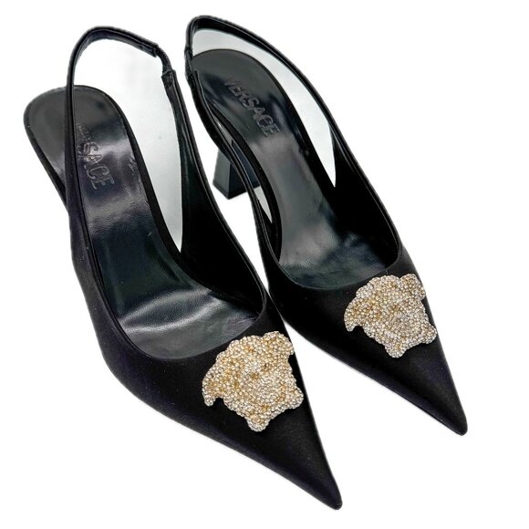 Versace Shoes - Versace Crystal Medusa Black Satin Slingback Pumps